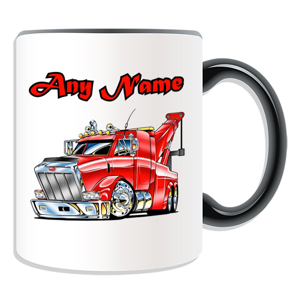 Unigift Black Personalised Gift - Red Tow Truck Mug (Transport Design Theme, Colour Options) - Any Name / Message On Your Unique - Wrecker Breakdown Road Recovery Vehicle Aa Lorry Hgv Driver Automobile Green Flag Rac