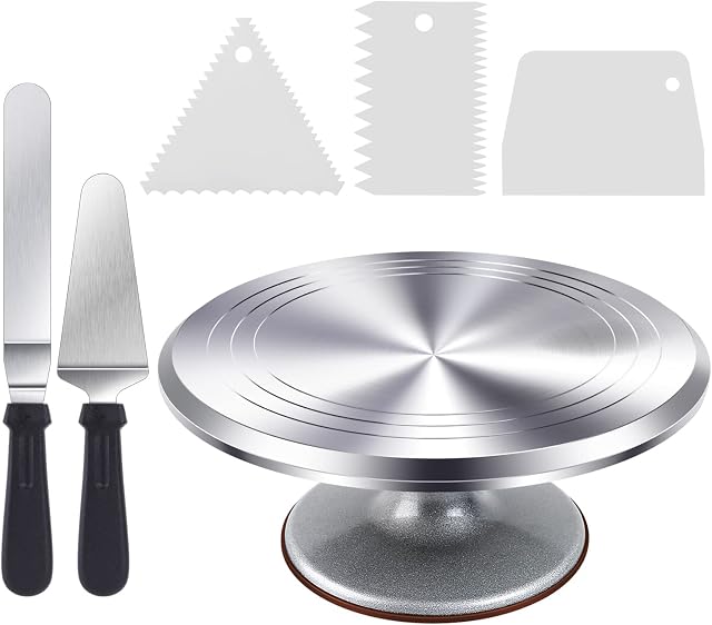 Cake Turntable, Ohuhu Rotating Cake Stand 12'', Cake Decorating Tools Aluminium Alloy with 2 Icing Spatula and Comb Icing Smoother, Baking Cake Decorating Set