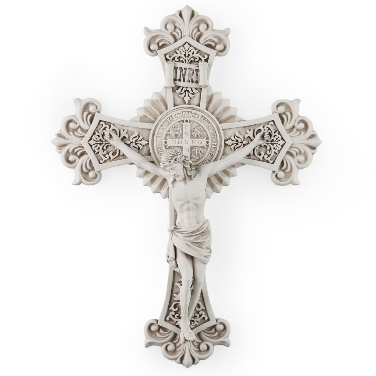 BC Catholic Saint Benedict Crucifix Wall Cross, Jesus Christ Home Decor, Religious Gift, Grey White Finish, 12"H, Hand Painted by Buildclassic
