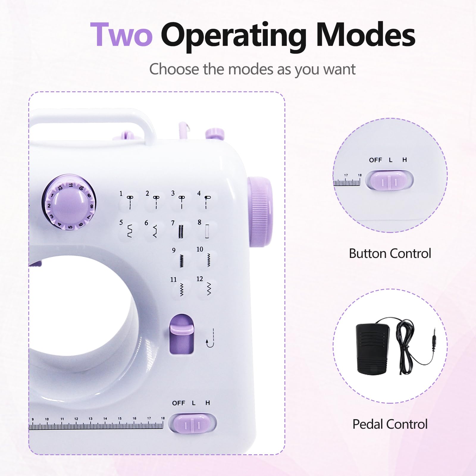 Nähmaschine für Kinder und Anfänger, Mini Sewing Machine, 12 Stichprogrammen Tragbare Elektrische Nähmaschine, Handnähmaschine Kleine mit LED-Licht mit Fußpedal & Nähset (Lila-2)