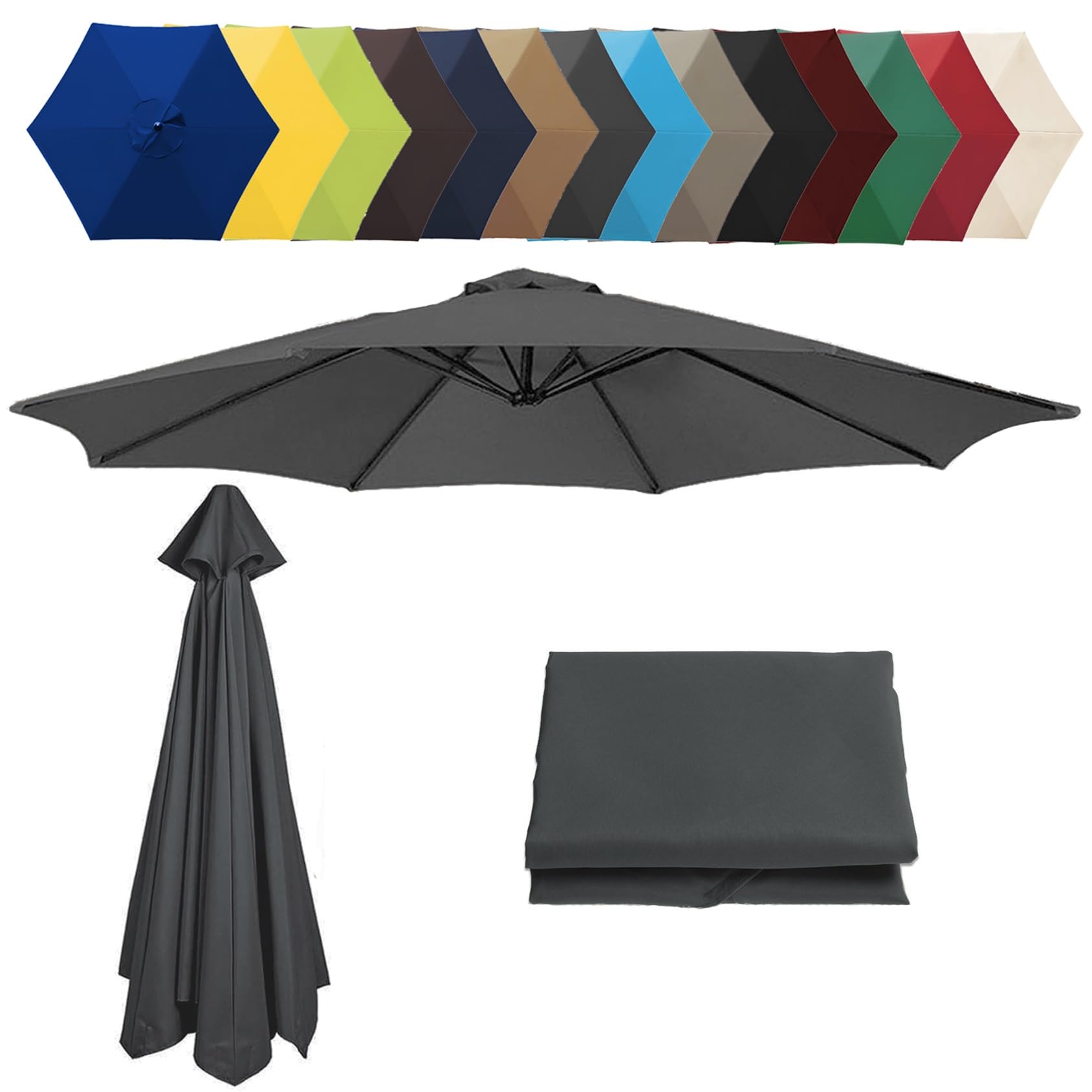 6.5'/8.8'/9.8'(200cm/2.7m/300cm) Replacement Parasol Fabric Cover, 6 8 Ribs Anti-Ultraviolet Patio Umbrella Replacement Cloth, Garden Parasol Umbrella UV50+ Polyester Canopy(Color:Gray,Size:6 ribs-3m(