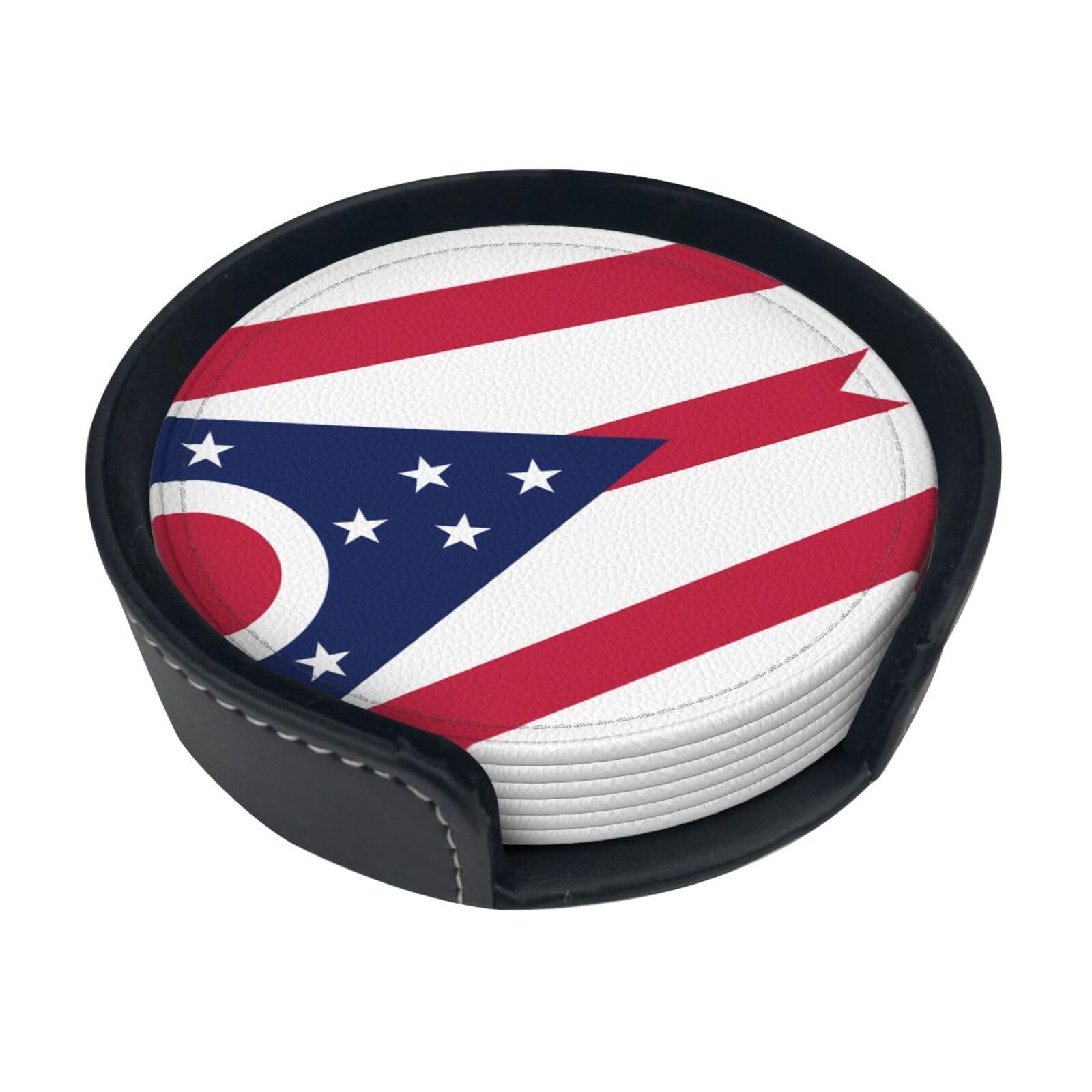Cntdbu White Ohio State Flag Leather Coasters Set Of 6-Pu Leather Drink Mats For Table, Heat Resistant Round Coasters With Holder