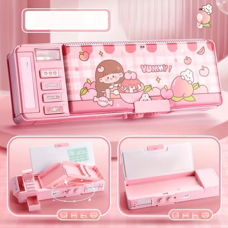 Image of New Cartoon Theme Pencil Box with Push Pull Eraser Set for Kids | Suitcase Style Password Lock Stationery Organizer | School Supplies Gift Combo for Boys & Girls (Pink Beauty Compass + Eraser)