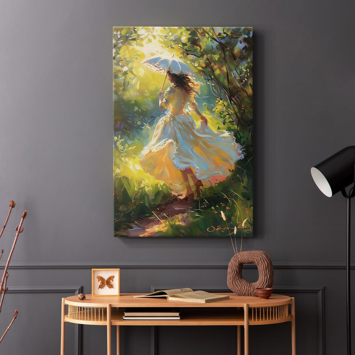 Renditions Gallery Canvas Paintings & Prints White Dressed Woman in Green Forest Sun Light Wall Art Decorations for Bedroom Office Lounge - 12" X 18" LT565