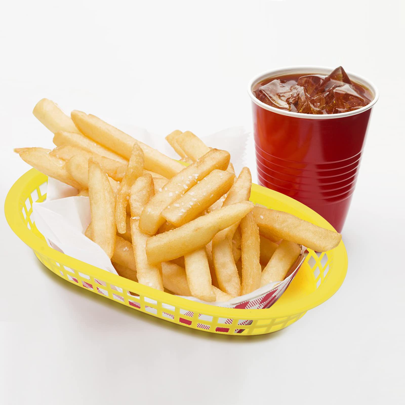 24 Pack Plastic Oval Shape Fast Food Basket for Bread, Hot Dog, Hamburgers, Sandwiches, Fries, BBQs (Yellow, 11" x 7")