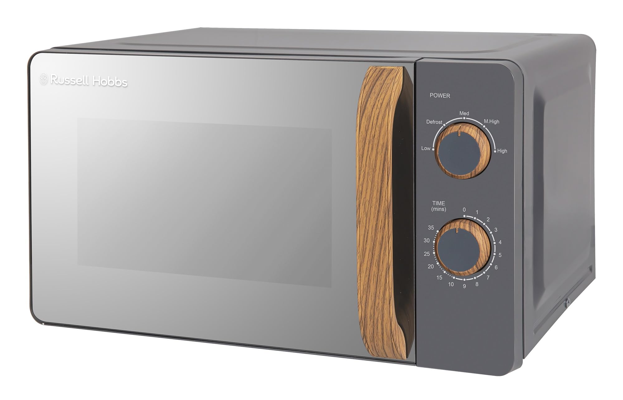 Russell Hobbs RHMM713G Manuelle Mikrowelle im kompakten skandinavischen Stil, 5 Leistungsstufen, Griff und Drehregler in Holzoptik, Timer, Auftaufunktion, einfache Reinigung, 17 L, 700 W, Grau