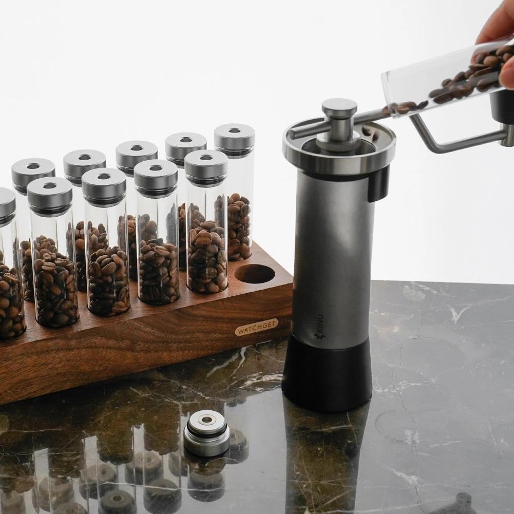 watchget 12 tubos de almacenamiento de granos de café de una sola dosis, recipiente de almacenamiento de café con válvula de escape unidireccional, viales de vidrio con base de madera de nogal y