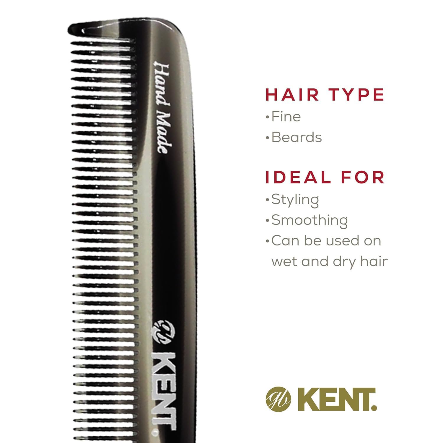 Kent F3T - Peine de dientes finos de grafito negro, peine para separar y alisar el cabello para hombres y mujeres, corte de sierra y pulido a mano, fabricado en Inglaterra