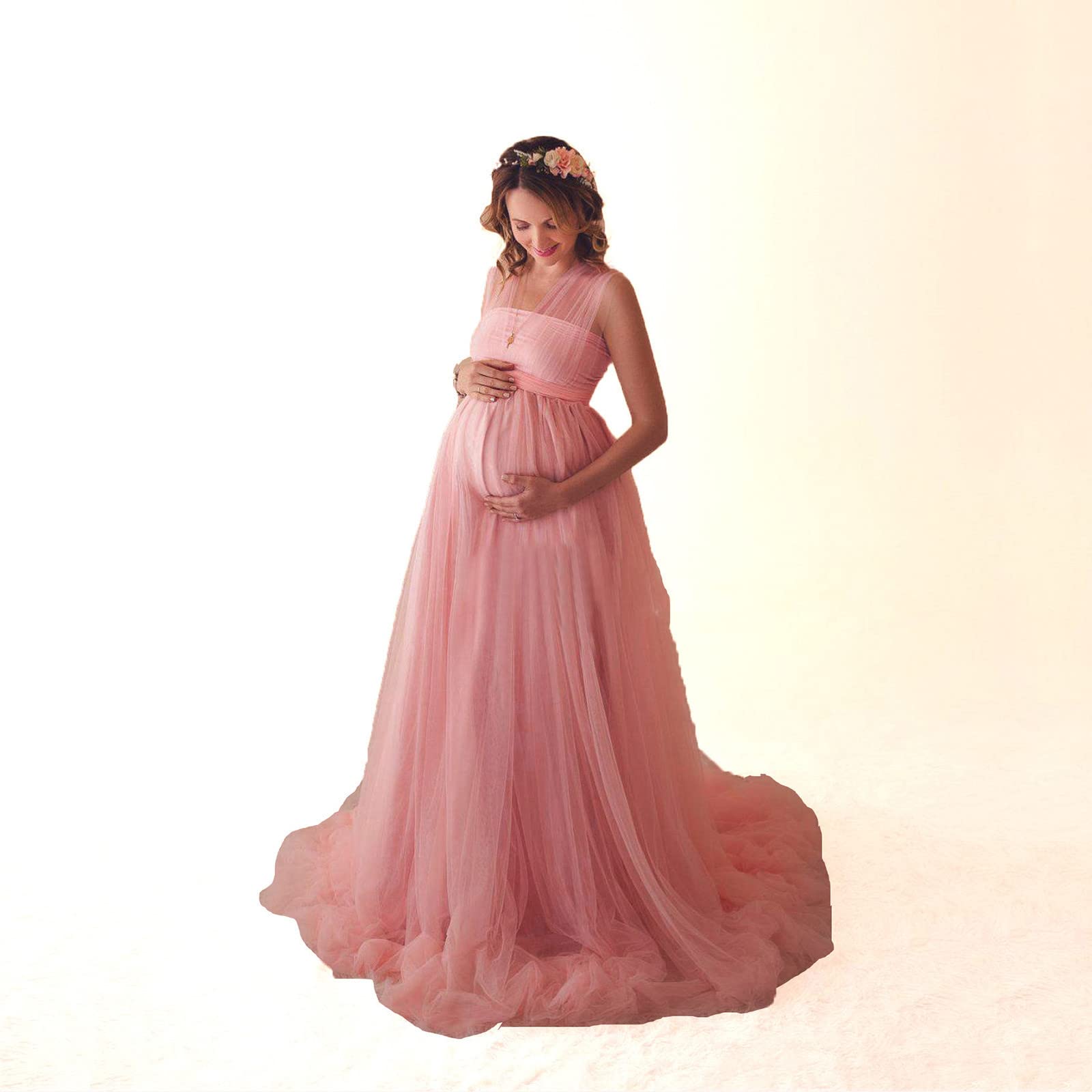 Robe Tulle Grossesse Dentelle Shooting Photo sans Manches Col V Robe Maternité Fête Soirée Cérémonie Photographie Maxi Robe Grossesse Chic Et Elegant Pas Cher Mariage