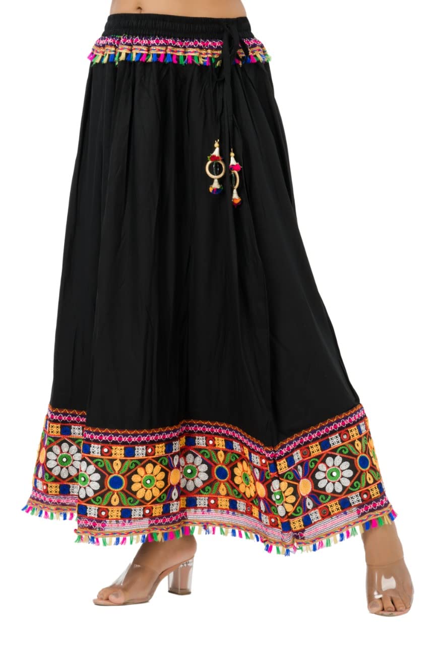 Kutchi Embroidered Border Rayon Long Skirt (Free Size) Black-picture-39
