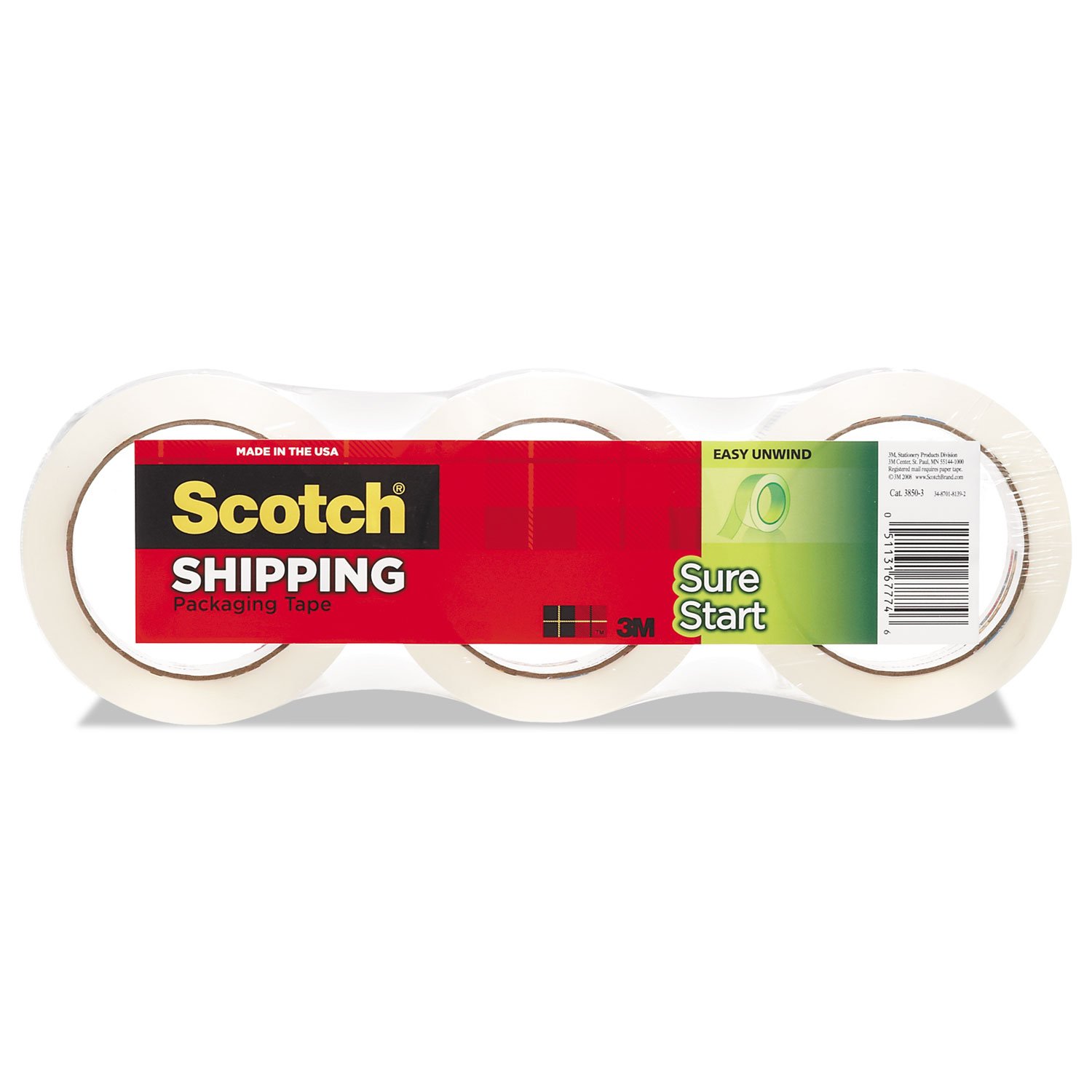 Scotch Sure Start Shipping Packaging Tape, 1.88" x 54.6 yd, Designed for Packing, Shipping and Mailing, Quiet Unwind, No Splitting or Tearing, 3" Core, Clear, 3 Rolls (3450-3)