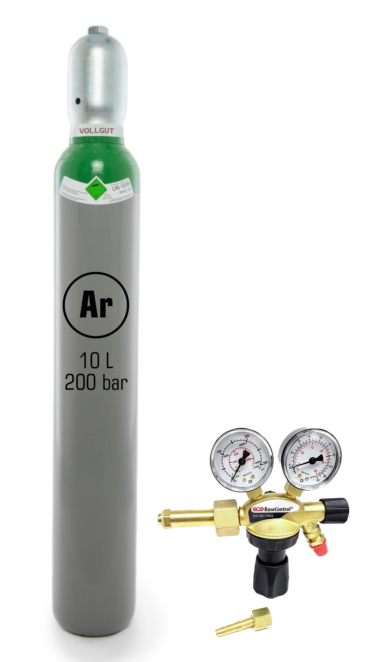 Argon 4.6 | 10 Liter 200 bar Gasflasche gefüllt | Profi-Schweißgas für WIG/MIG | UN1006 | Eigentumsflasche ohne Markenbindung | inkl. Druckminderer – SET | Sofort einsatzbereit | ADR-Gefahrgut-Versand