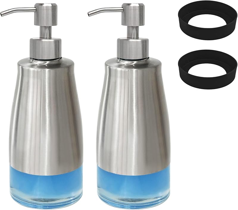 AUMIO 2-Pack Soap Dispenser Set, Stainless Steel & Glass with Silicone Pad | Detachable Non-Slip Silicone Pad | Stable Placement | Refillable Design | Smooth Hand Pump | Kitchen & Bathroom Use