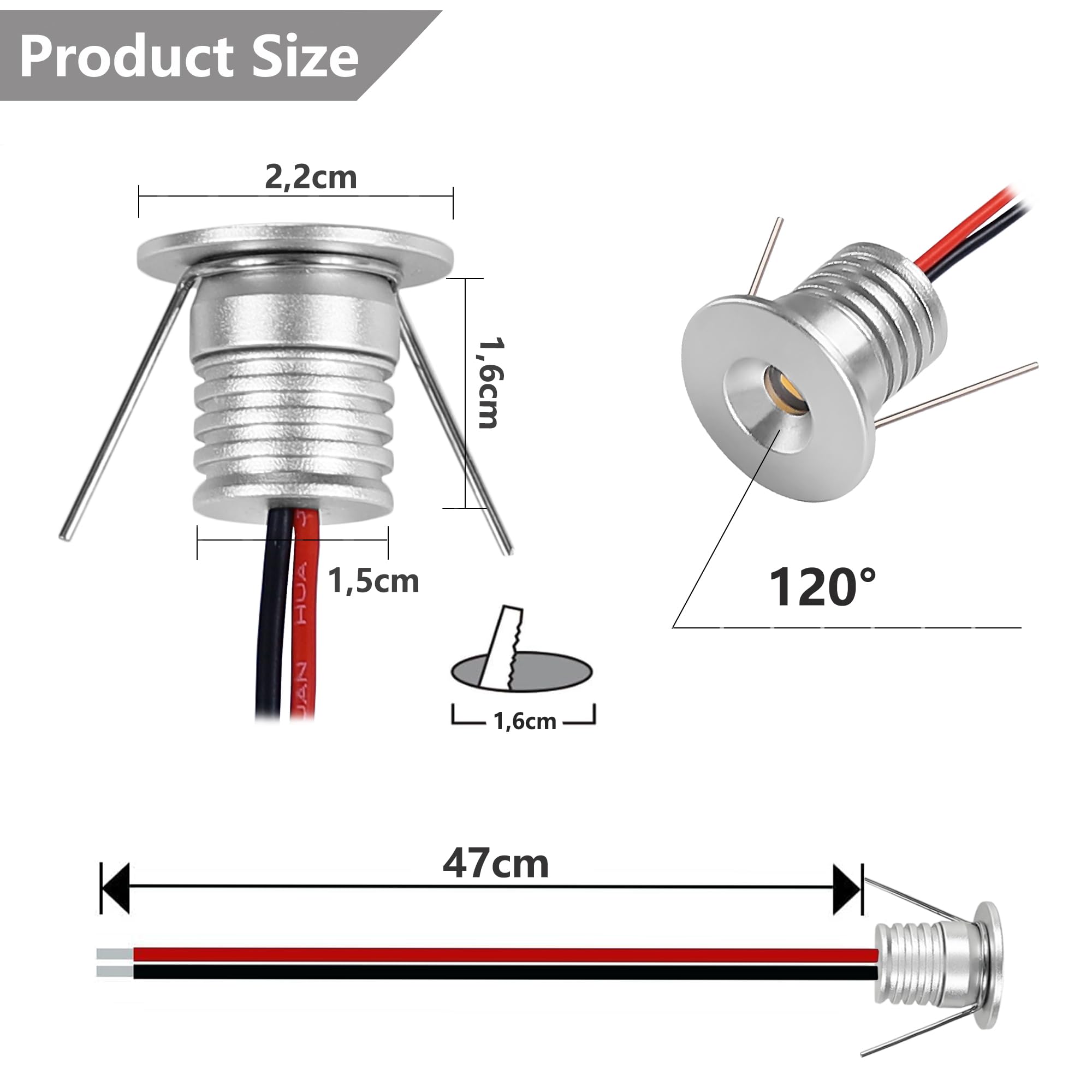 9 Pack Mini Downlight LED Techo Empotrable 1W, 12V IP65 Focos LED, Focos para el techo, para Baño,Cocina,escaparate,armario,dormitorio,Diámetro 22mm,agujero16mm (plateado,Blanco cálido 3000K)