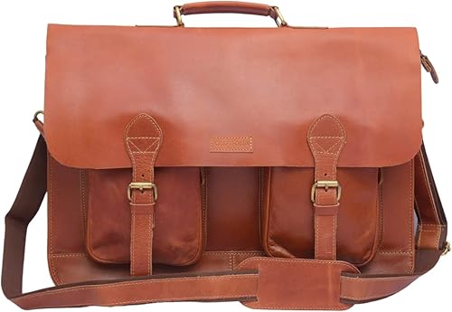 CRAFTFOBIA Retro Buffalo Hunter - Bolsa de cuero para laptop maletín vintage ajustable color marrón tostado Marrón Tan Brown