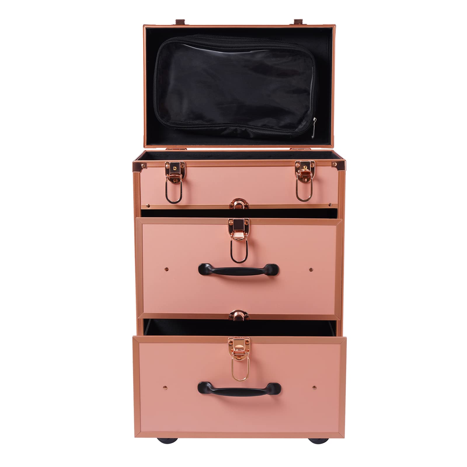 Schminkkoffer Kosmetikkoffer Aluminium Koffer Trolley, Kosmetik Trolley Mit Schublade Mit Rollen, Ufbewahrungsorganizer Für Kosmetikartikel Für Unterwegs, Make-up/Nageldesign/Haarstyling (Roségold)