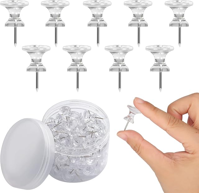 KINBOM 100pcs Large Push Pins, Clear Plastic Push Pins Thumb Tacks Decorative Thumb Tacks with Stainless Steel Point Push Pins for Cork Board Wall Maps Office Bulletin Board