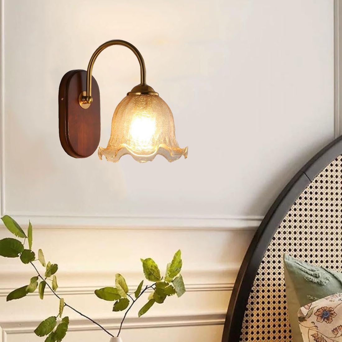 Applique da parete moderna per camera da letto, paralume a forma di fiore, base in legno rustico, lampada a collo d'oca E27, luci in stile nordico industriale per soggiorno, comodino, veranda, ingres