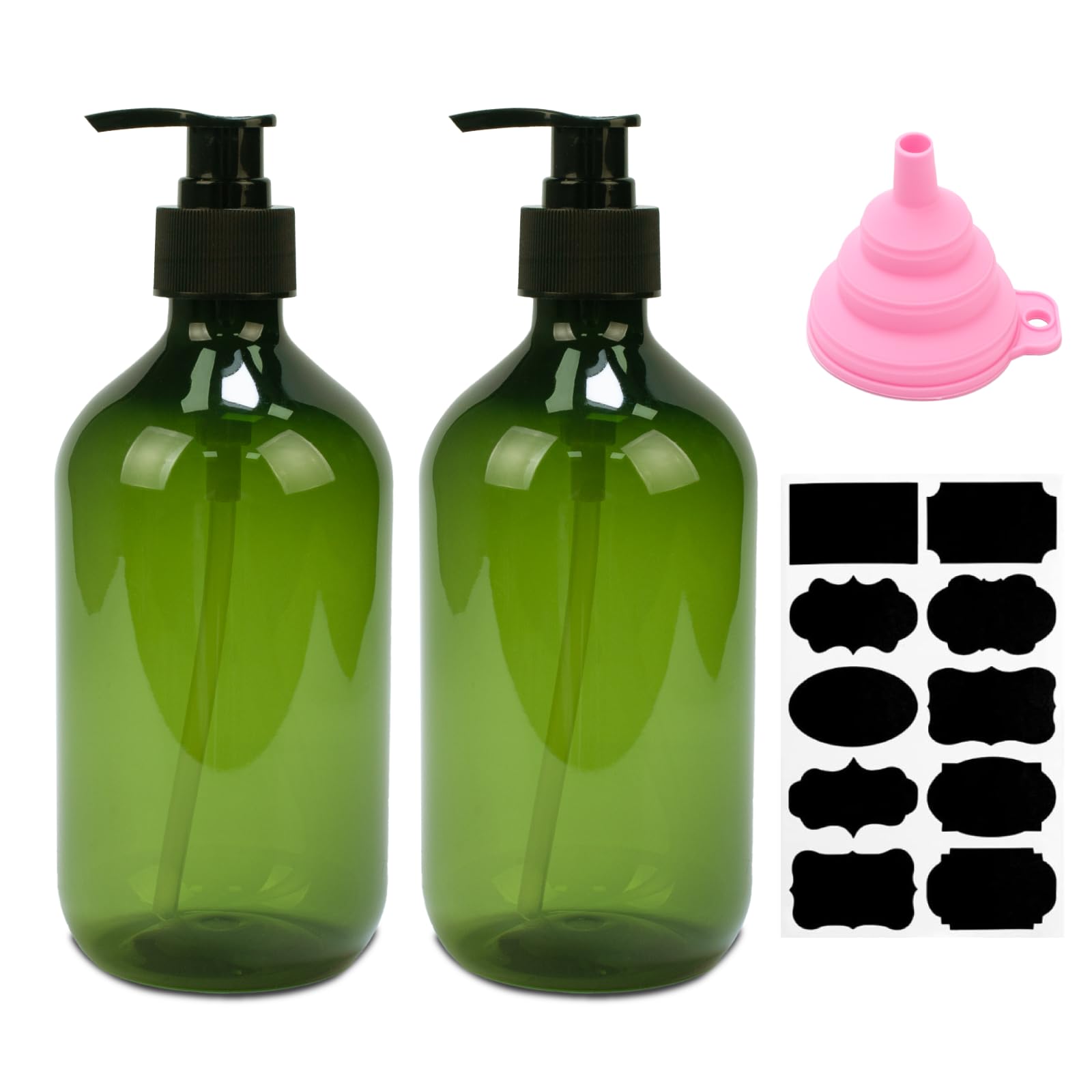 2 Pcs Dispensador Jabon BaƱo, 500 ML Dispensador Jabon Cocina con Bomba, Botes para Gel y Champu Ducha, Dispensador de Jabón LĆquido para Cocina y BaƱo ChampĆŗcon Embudo y Etiquetas (Verde)