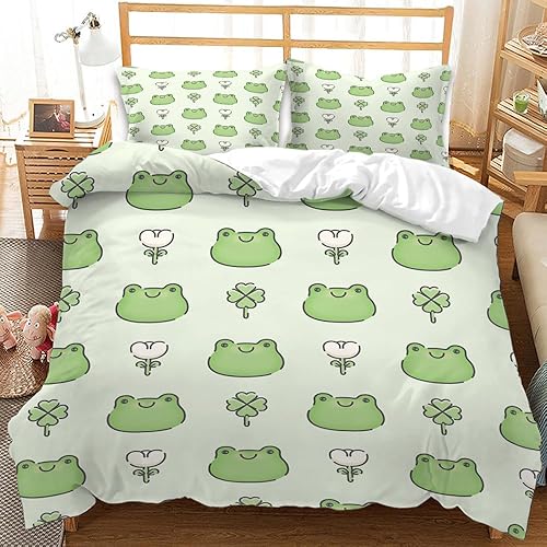 Vista 14 de Juego de funda de edredón Kawaii con diseño de rana de dibujos animados para niños, tamaño Queen, juego de funda de edredón con 2 fundas de almohada