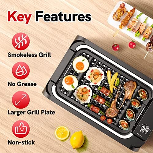 Smokeless Electric Grill, Electric Barbecue Grill 1400W for Indoor, Smokeless BBQ Grill with Tempered Glass Lid, Drip Tray, 2 Removable Non-Stick Plates, Smokeless Grill 14.5 x 9 Inch for Party, Home