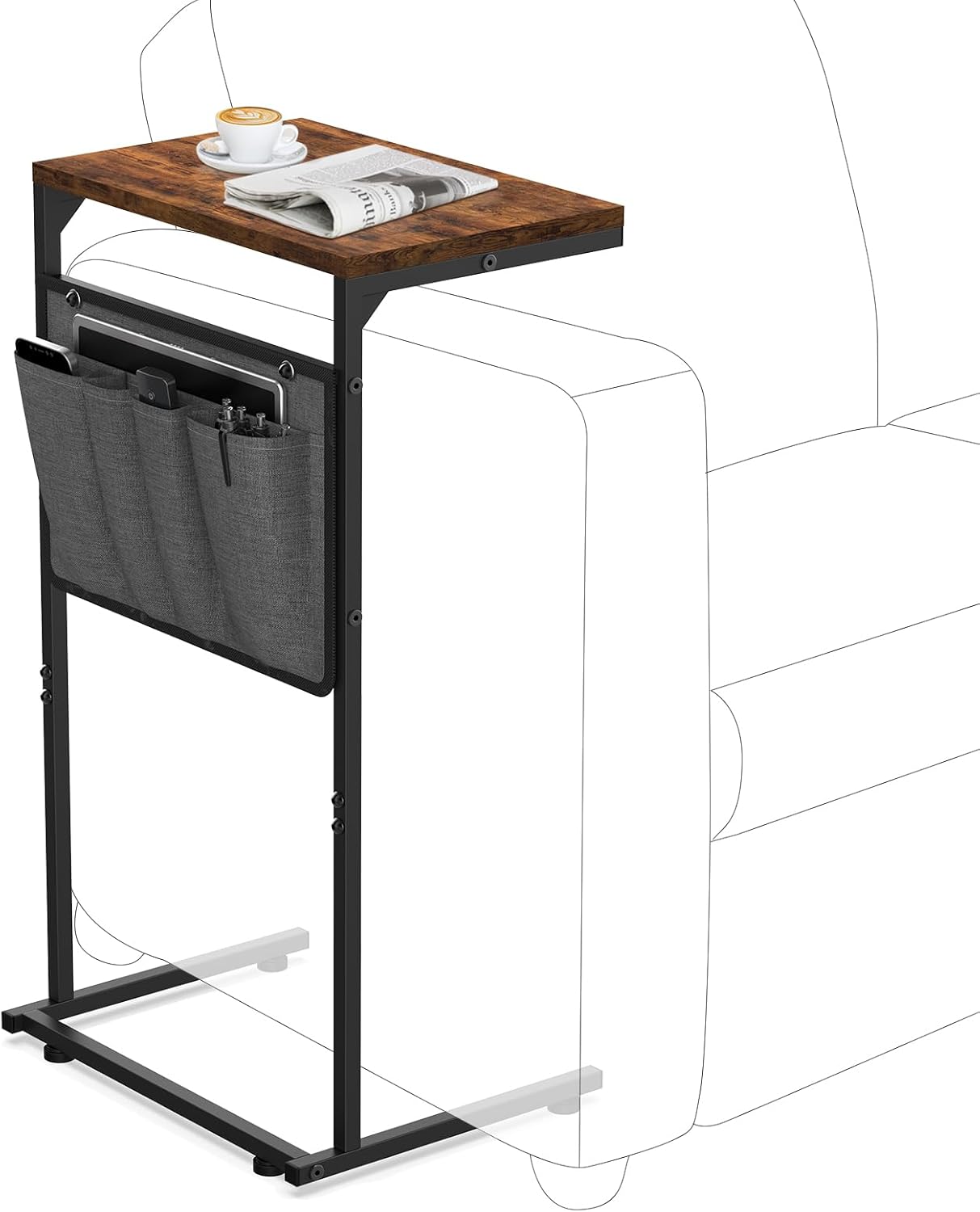 Vantic C Shaped End Table, Small Side Table for Couch and Recliner, Slide Under Sofa Tray Desk with Storage Bag for Living Room and Bedroom, Rustic Brown 1 Rustic Brown