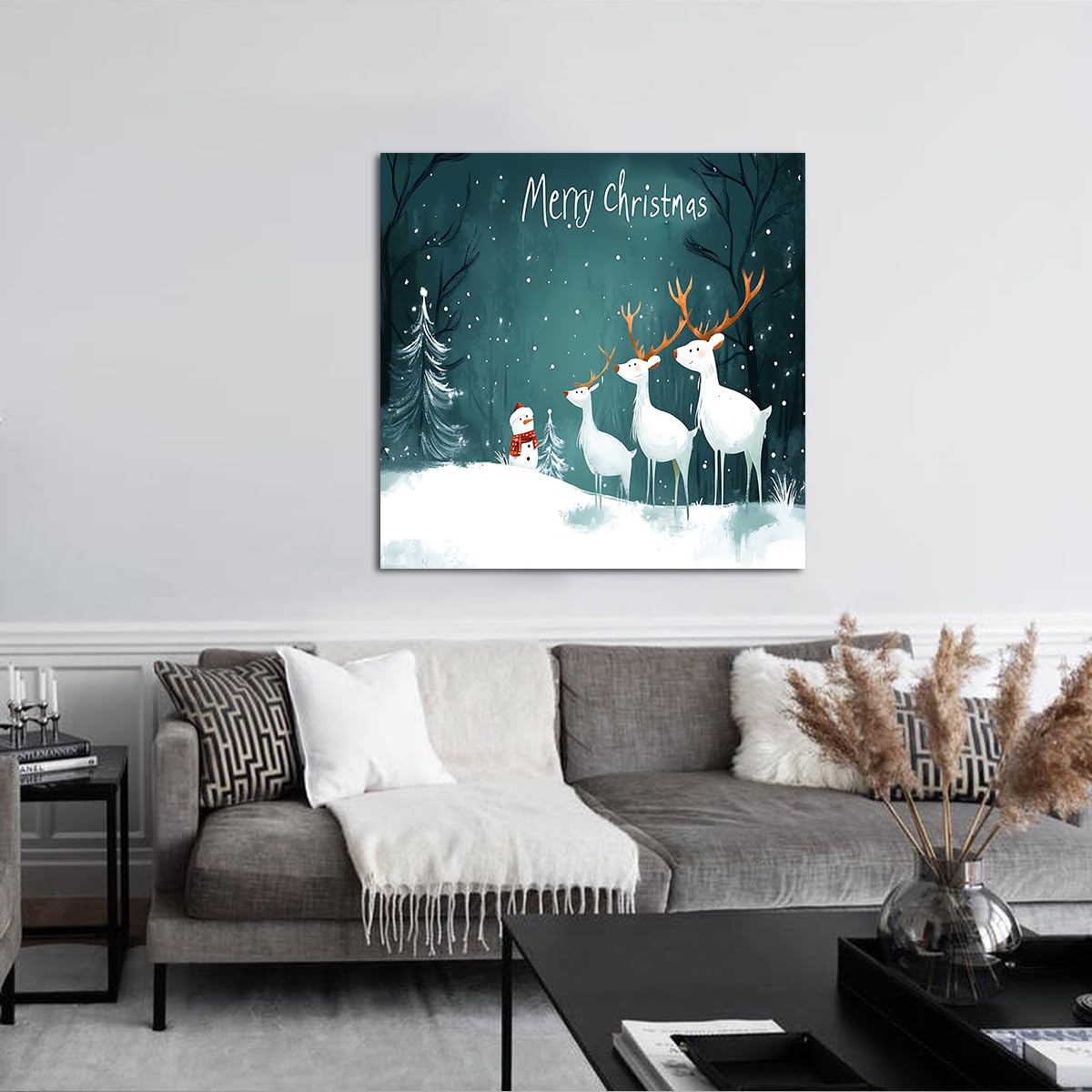 CHERHERART Śnieżny las zima wakacje zima obrazy na płótnie grafika renifer Boże Narodzenie sztuka ścienna plakaty do przedszkola biuro dekoracja 85 x 85 cm rama wewnętrzna