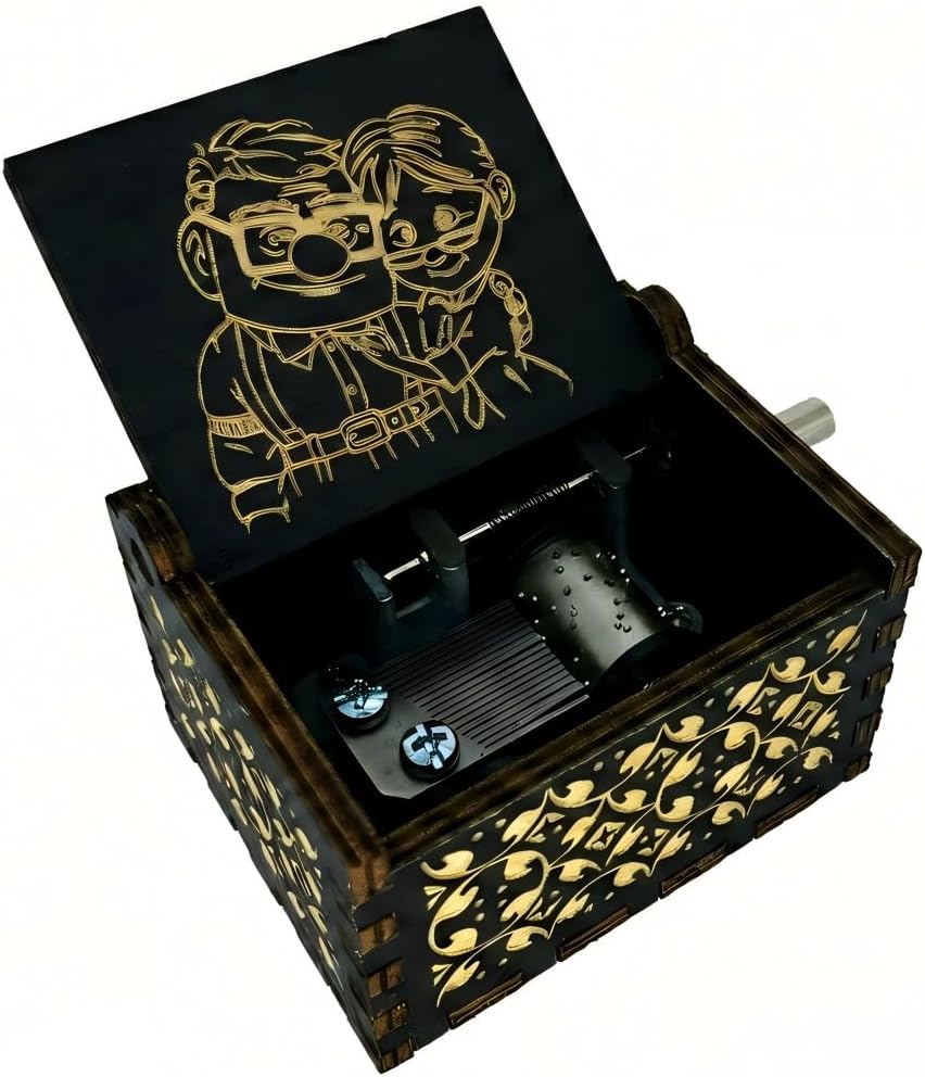 Youtang Hand Crank Wooden Music Box – Engraved Mini Musical Box Plays Married Life Song from Up–Ideal Birthday, Anniversary, Valentine's Day, for Adults & Kids (Black, Image2)