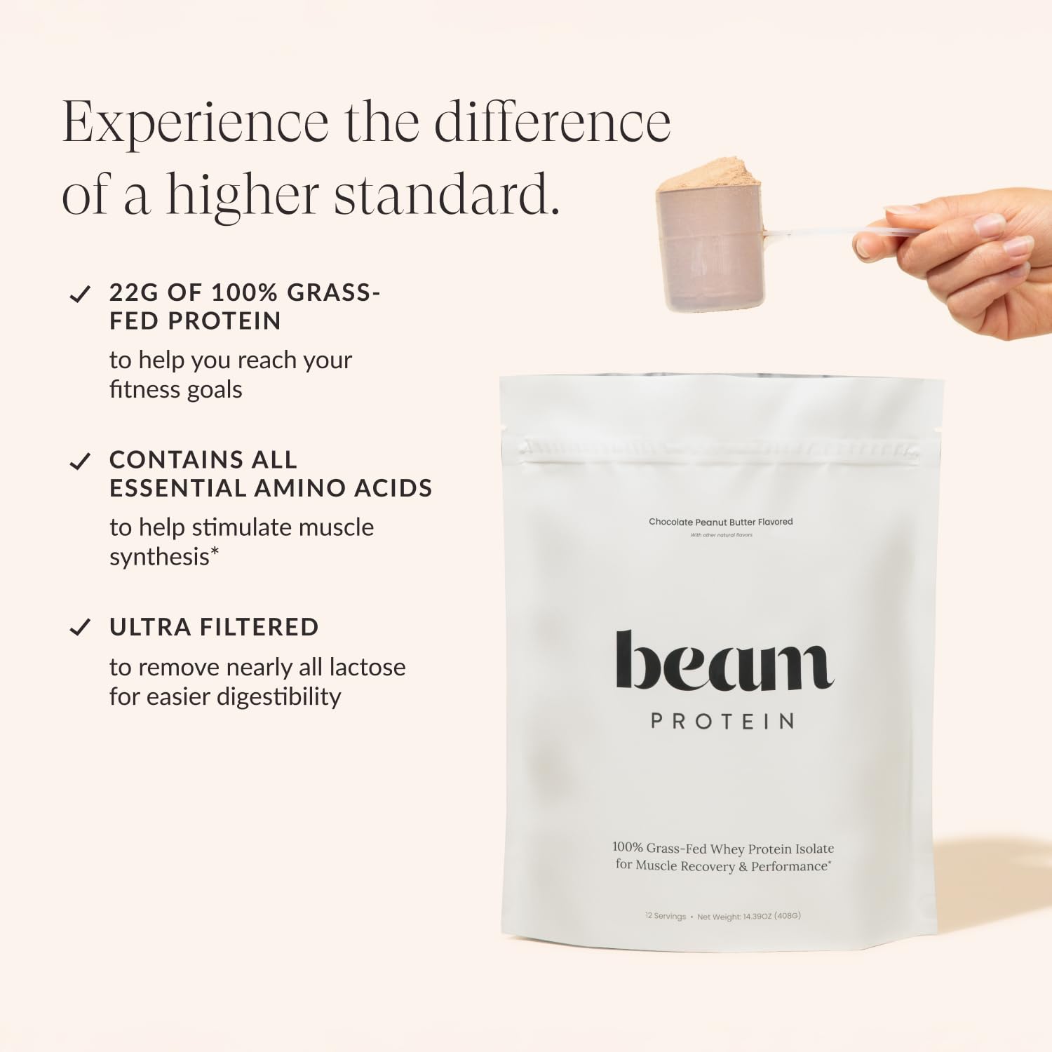 Beam Grass Fed Whey Protein Powder – Chocolate Peanut Butter, 12 Servings, 22g Protein Per Serving, Clean Whey Isolate & Concentrate, Low Carb, Paleo Friendly, GMO Free, Gluten Free, 3rd Party Tested