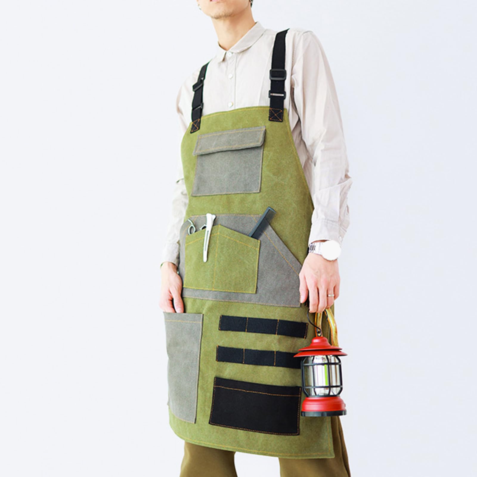 delantal, Delantales de chef for hombre y mujer, delantal camarero con bolsillos, lona, ​​con espalda cruzada, resistente, color verde(Green)