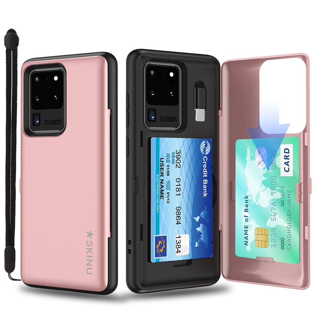 SKINU Galaxy S20 Case Wallet Black with Hidden Credit Card Holder ID Slot Hard Cover, Strap, Mirror & USB Adapter for Samsung Galaxy S20 / S20 5G (2020) - Rose Gold