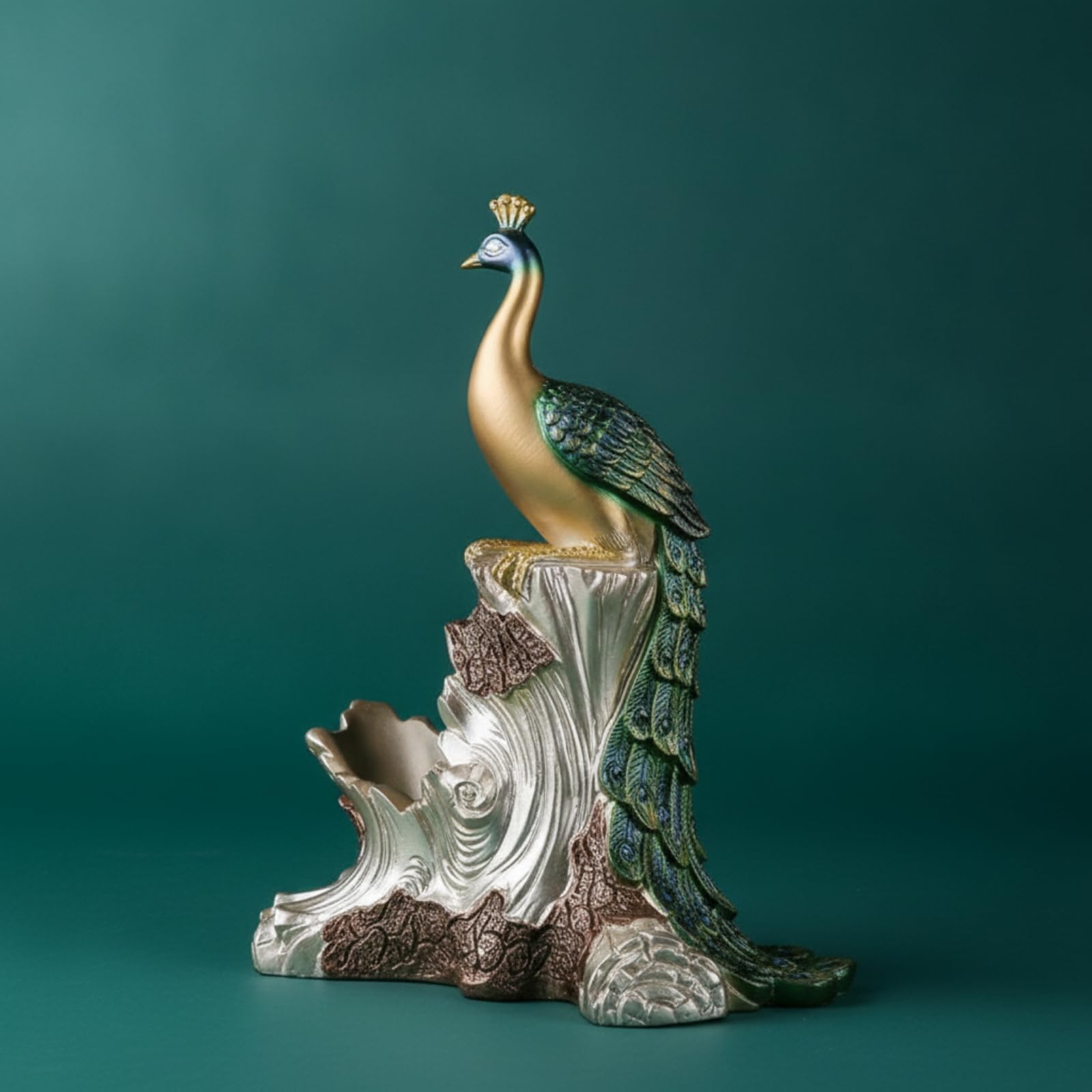 Botellero con Forma Pájaro Real Tallado Botellero para Mesa Compacto Soporte para Apasionados para Vinos, Dorado, Verde, Marrón