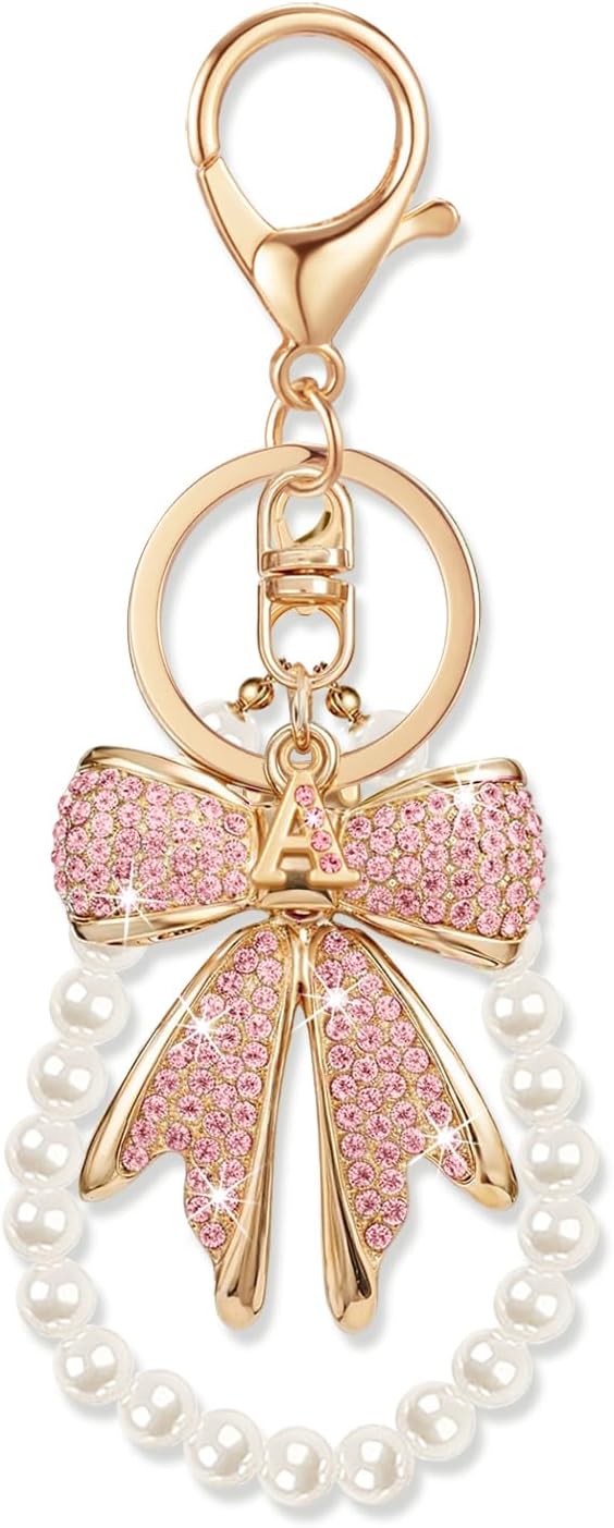 XGALBLA Rhinestone Bow Keychain Imitation Pearl Chains Initial Letter Bow Keychain Bag Charms Purse Charms for Handbags