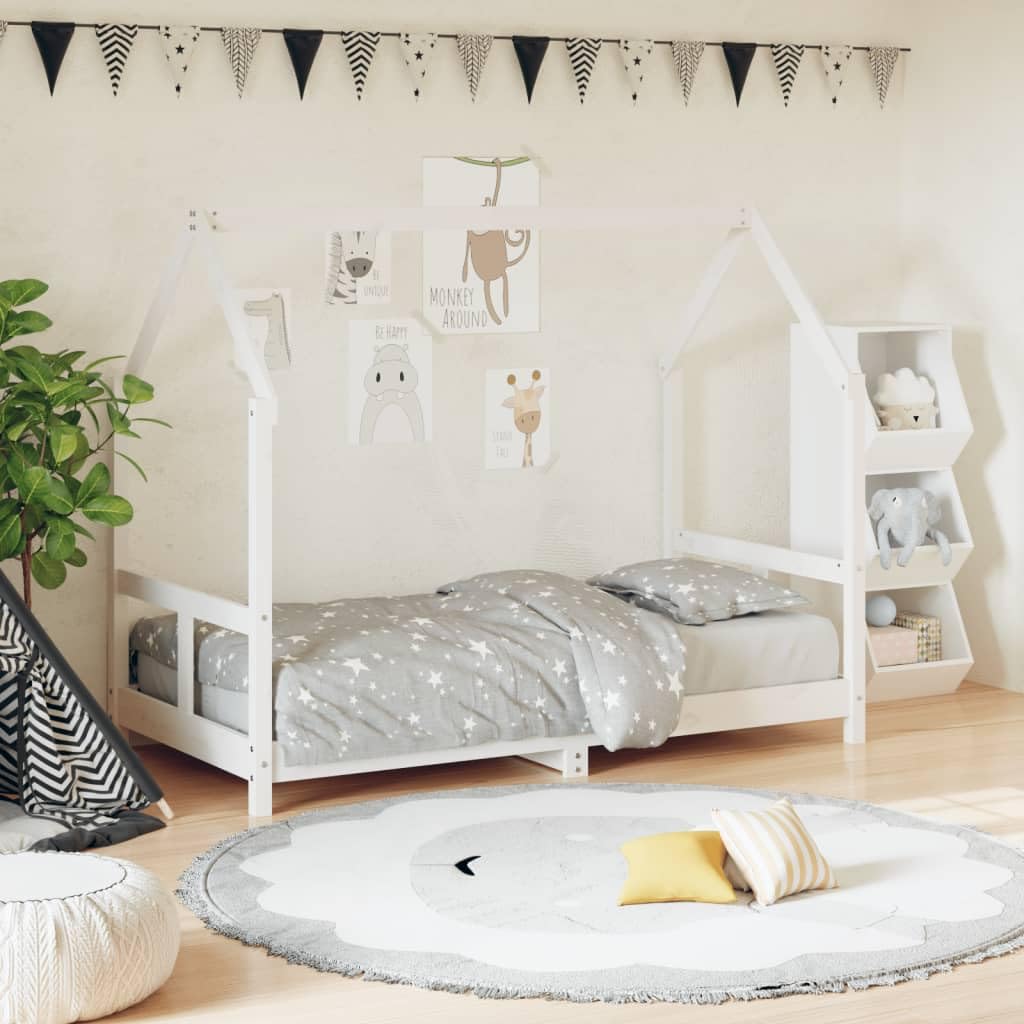 Lettino bianco 80 x 160 cm, in legno massello di pino con rete a doghe, protezione anticaduta e design a sbalzo, stabile letto per la cameretta dei bambini, convertibile, ideale per la camera