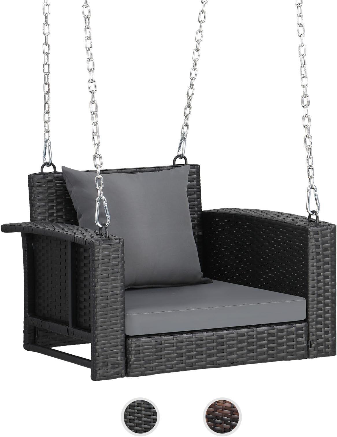 VINGLI 2.2 FT 1-Person Use Rattan Porch Swing Outdoor Support 440 LBS with Cushions & Adjustable Chains, Patio Wicker Swing Bench Chair for Garden, Yard, Lawn, Tree, Black