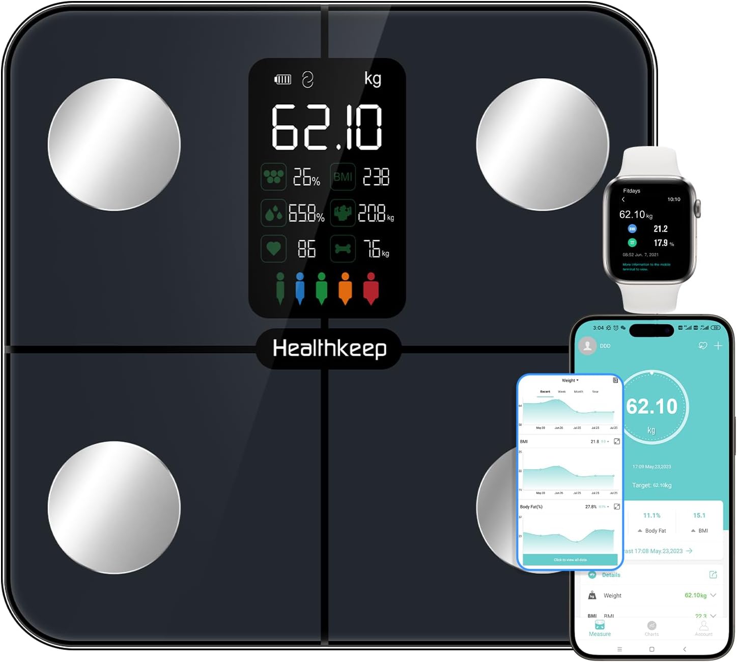Healthkeep Body Fat Scale with Large VA Display, 15 Body Datas with Heart Rate, Smart Weight Scale Compatible with iOS & Android, Max 400lb/180kg/28st, 28cm, Dark Blue