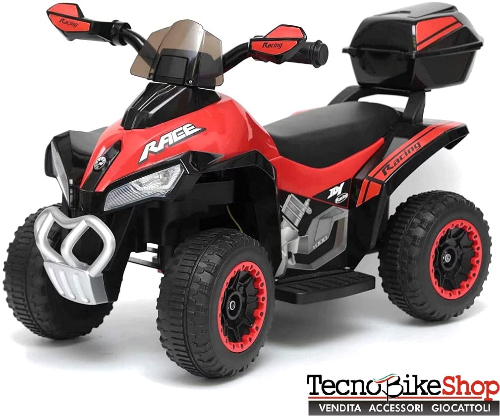 Tecnobike Shop Mini quad Deluxe 6 V, lumières sonores, batterie rechargeable, marche avant et arrière, coffre et pare-brise (rouge)