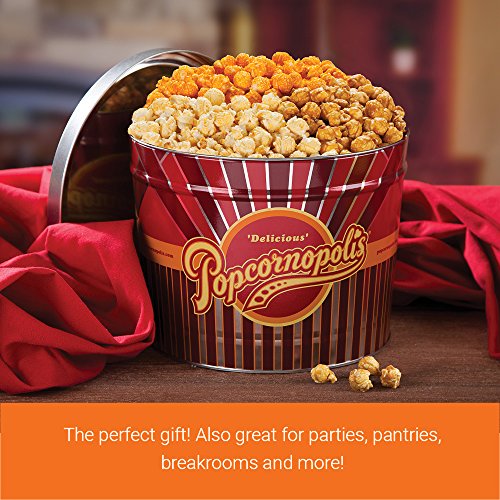 Popcornopolis Gourmet Popcorn 2 Gallon Tin - Classic Including Caramel, Cheddar Cheese and Kettle Corn