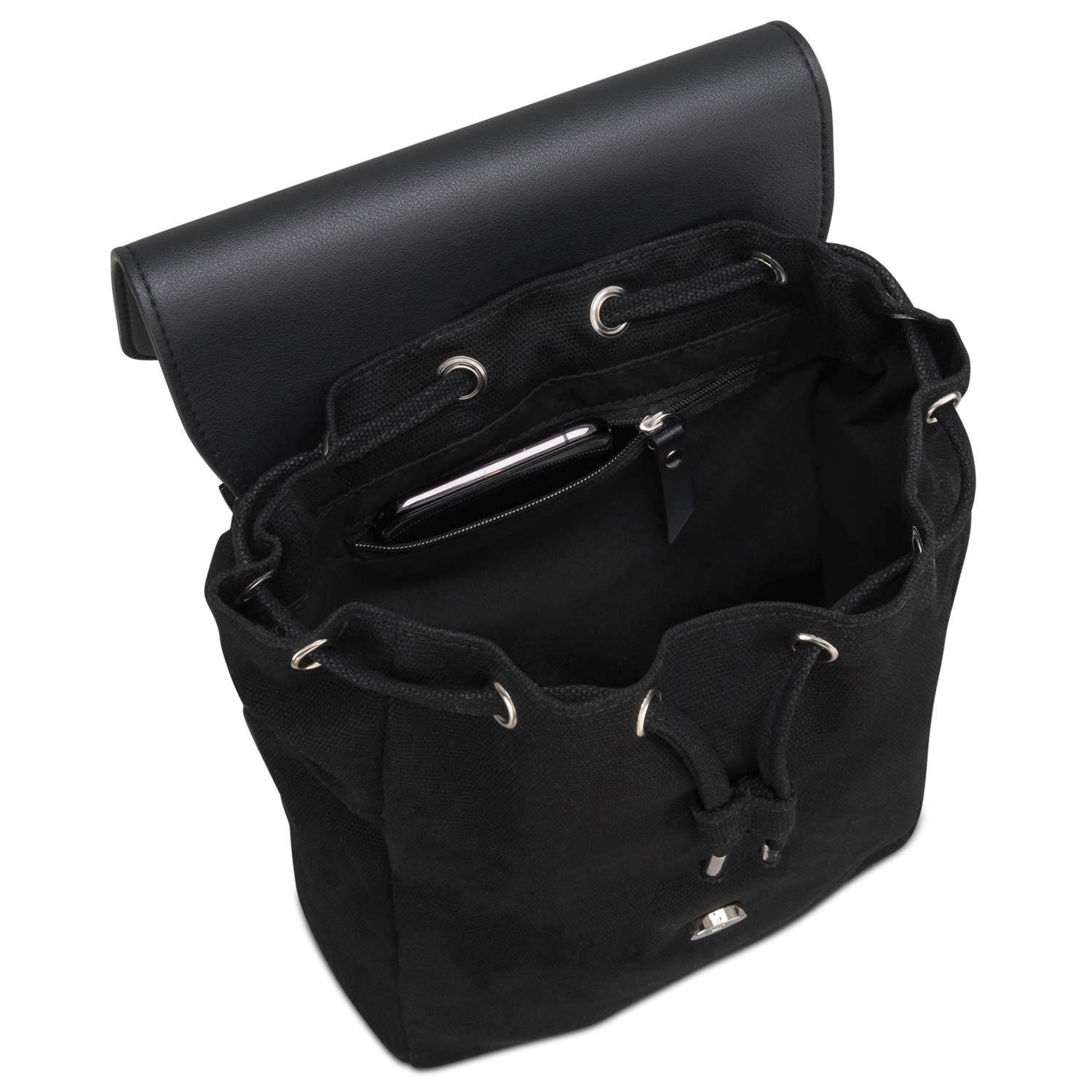 Zaino Donna Nero - Expatrié ANNA Vintage Zainetto Tela di Cotone e Pelle Vegana - Piccolo Zainetti di Qualità per Tempo Libero & Viaggio - Zaini Borsa Casual con Chiusura Magnetica