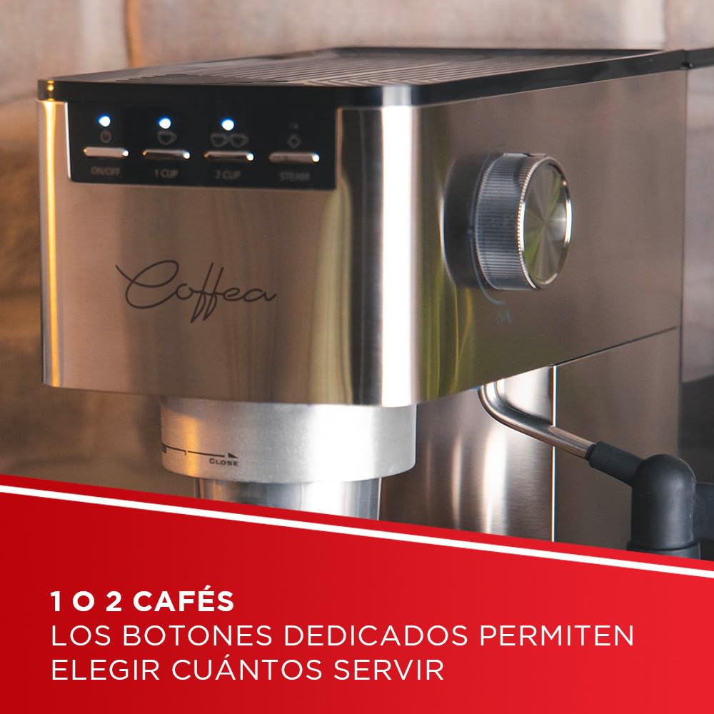 Polti Coffea P10S Cafetera Manual para Espresso y Cappuccino Compatible con Café Molido y Cápsulas Monodosis E.S.E. de 44 mm, Vaporizador para Espumar y Vaporizar la Leche, Depósito de 1.3 L, Plata