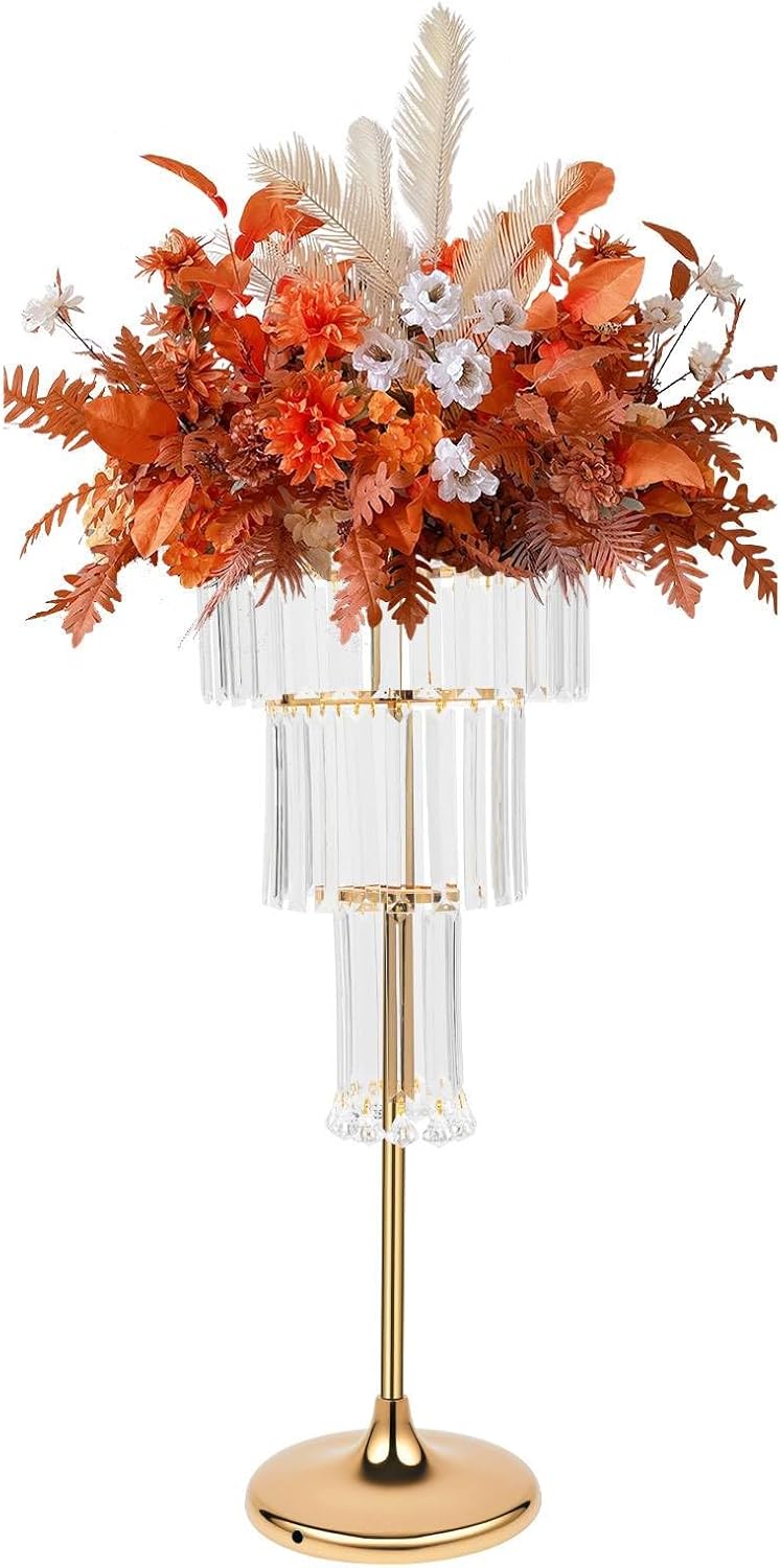 4 Tier Acrylic Flower Stand with Hanging Crystals, 32.3in Wedding Centerpiece Stand & Tiered Plant Stand, Modern Crystal Vase Chandelier Pedestal for Party Birthday Table Decoration