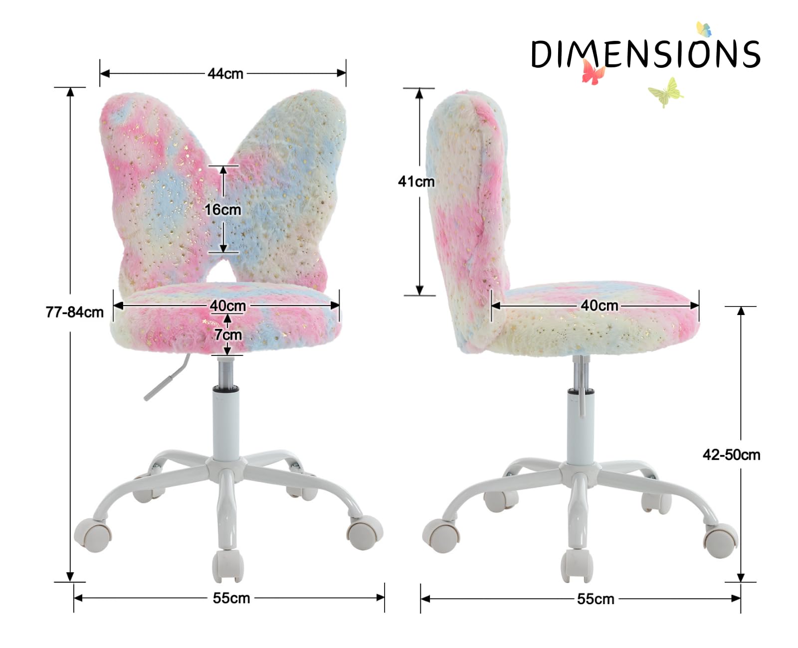 chairus Sedia Scrivania Bambina a Forma di Farfalla, Rosa | Sedia da ufficio per Bambini in Pelliccia Sintetica con Seduta Girevole Poltrona Altezza Regolabile per Studenti