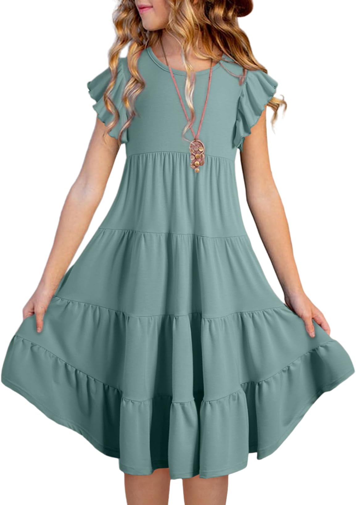 - Girls Summer Boho Sun Dress Tween Ruffles Tiered Dresses Size 6-15 Years
