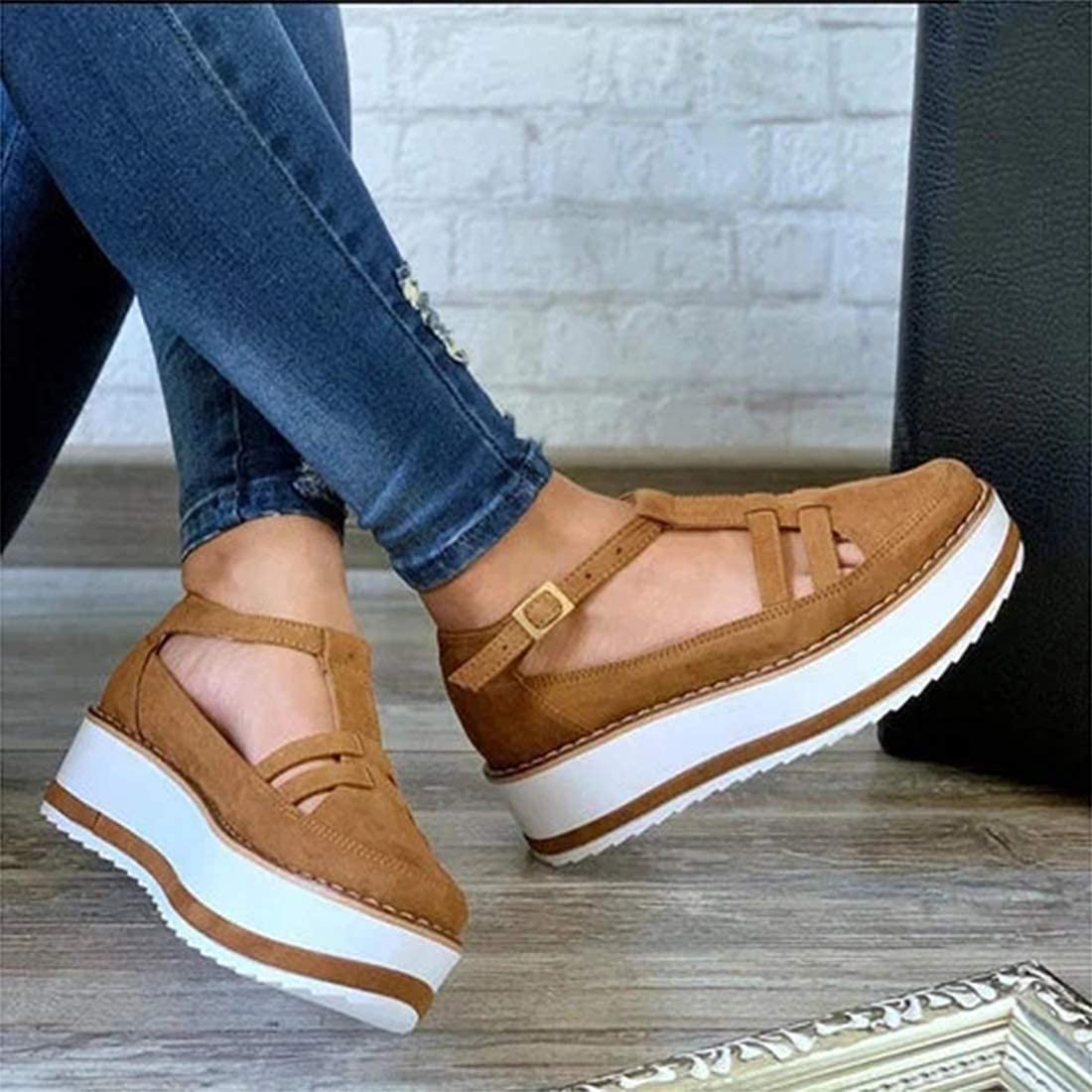 Damskie sandały na płaskim obcasie Damskie letnie buty na koturnie z grubym dnem Skórzane sandały Buty z zakrytymi palcami Klamra na kostkę Pasek na kostkę Na obcasie Vintage Espadryle plażowe