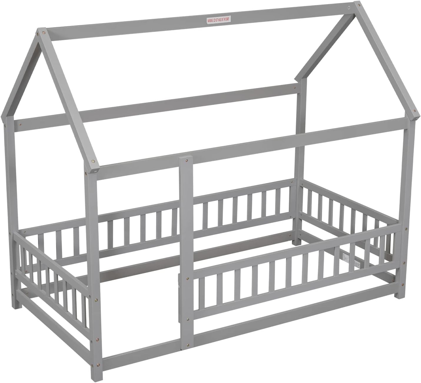 i-POOK Twin Size Floor Platform Bed Frame, Solid Wood Platform Bed with Fence-Shaped Guardrails and Door Playhouse Montessori Bed Frame for Boys Girls No Limit Weight Capacity, Gray