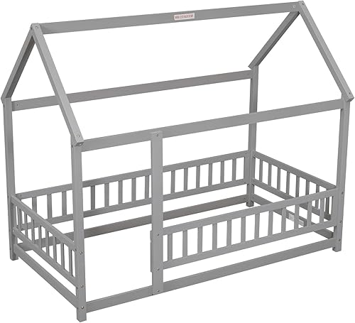 Miniatura 37 de i-POOK Cama Montessori de tamaño individual para niños, marco de cama Montessori con barandillas en forma de valla y puerta, marco de cama de