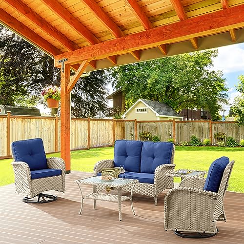 Belord Patio Wicker Furniture with Swivel Rocker Chairs Loveseat, 5 Piece Rattan Furniture Outdoor Swivel Rocking Chairs and Table Set for Patio Deck Porch Backyard