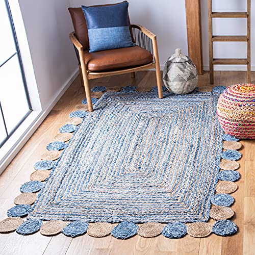 SAFAVIEH Cape Cod Collection Accent Rug - 3' x 5', Blue & Beige, Handmade Boho Braided Jute & Cotton, Ideal for High Traffic Areas in Entryway, Living Room, Bedroom (CAP201C)
