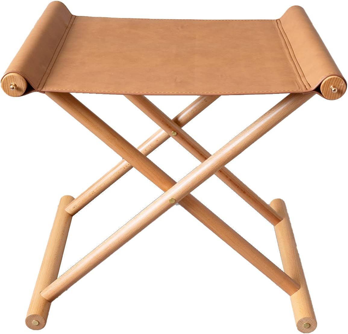 Vegan Soft Leather Solid Beech Wood Multipurpose Foldable Portable Foot Stool Vanity Stool or Freestanding Magazine Holder -Van Dyke Brown