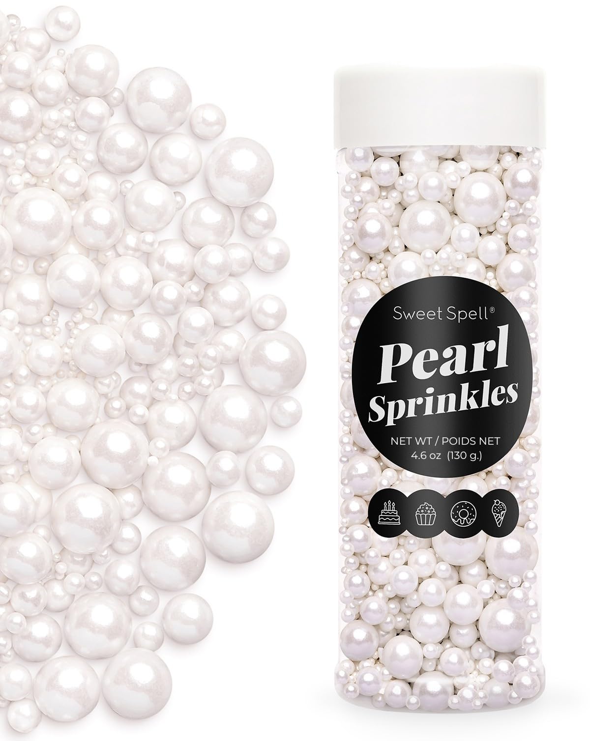 Sweet Spell White Pearl Sprinkles for Cake Decorating (130g/ 4.6oz) - Sugar Candy Ball Pearls for Cupcakes, Ice Cream Toppers, and Baking Cake Decoration